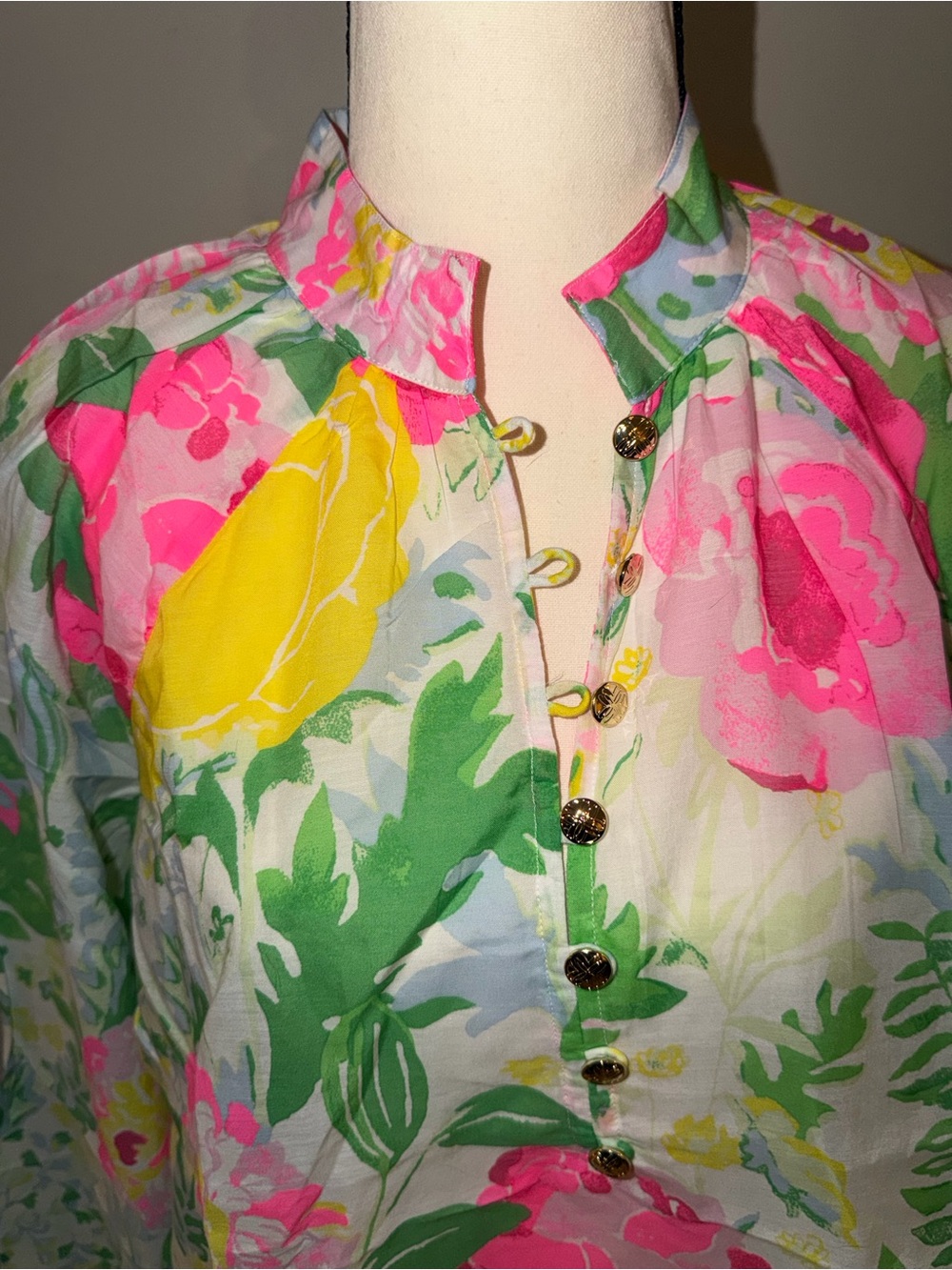 Lilly Pulitzer Floral Balloon-Sleeve Blouse in White, Green & Pink - Picture 5 of 9